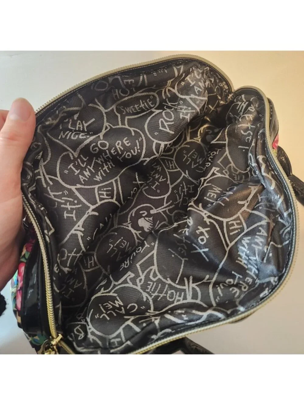 Betsey Johnson Leopard Floral Rose Dome Satchel Handbag Black Patent Trim